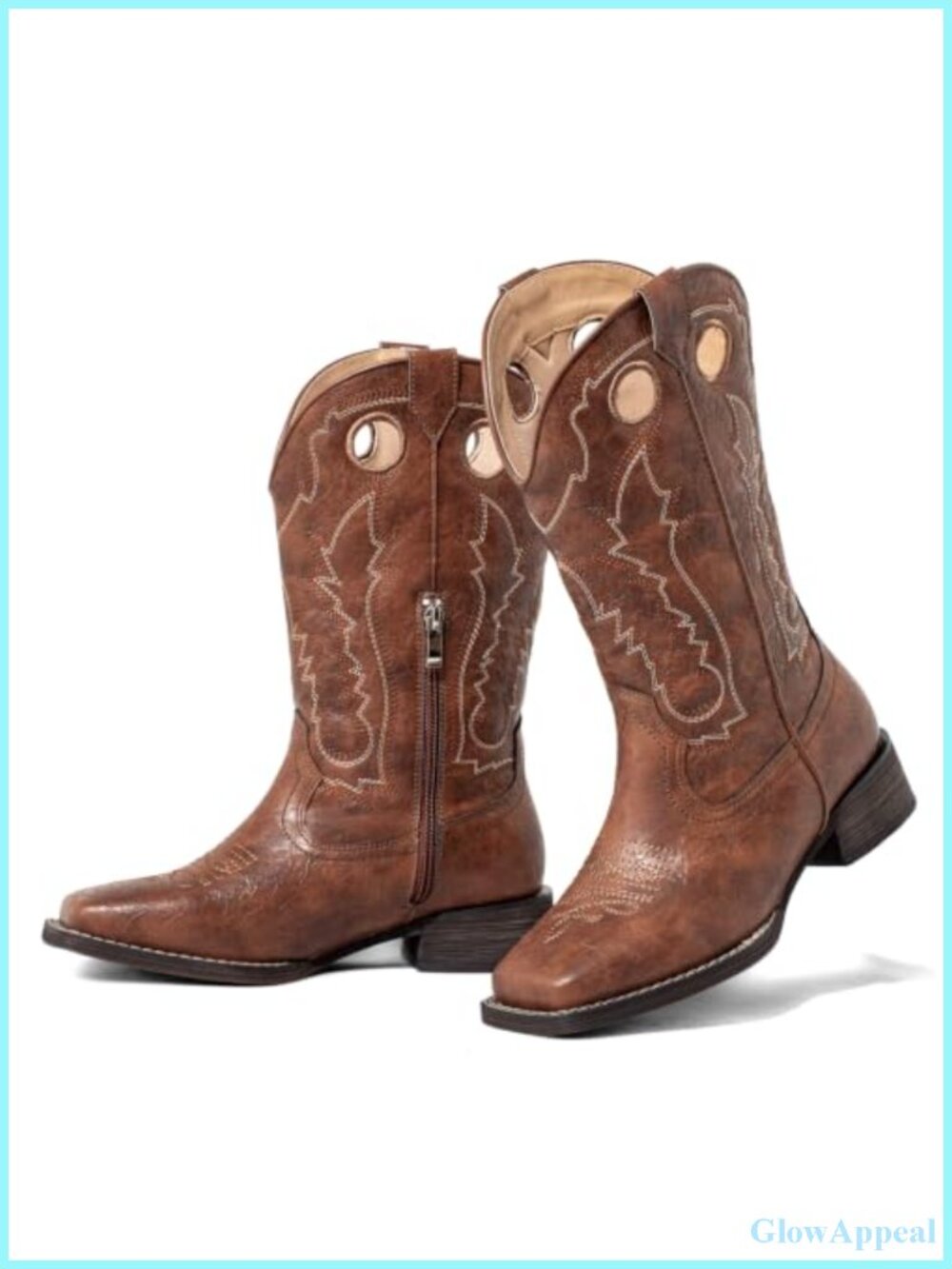 Womens Cowboy Boots Wide Calf Faux Leather Square Toe Mid Calf Western